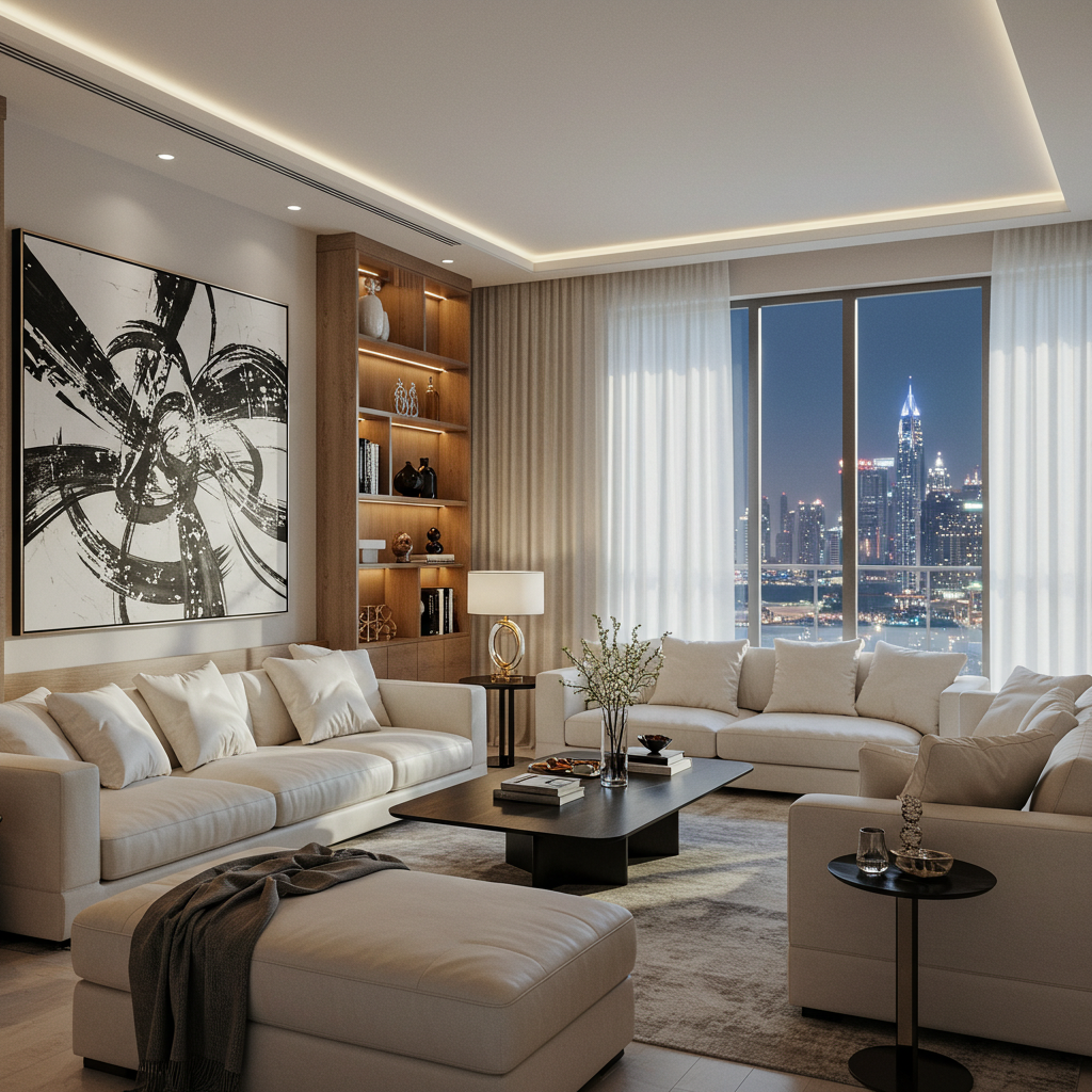 Luxury Dubai living room with skyline view